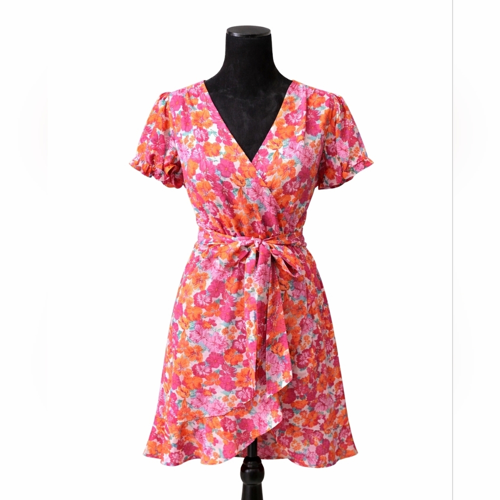 Sandy & Sid Vibrant Pink Red & Orange Floral Mini Wrap Dress Size Medium